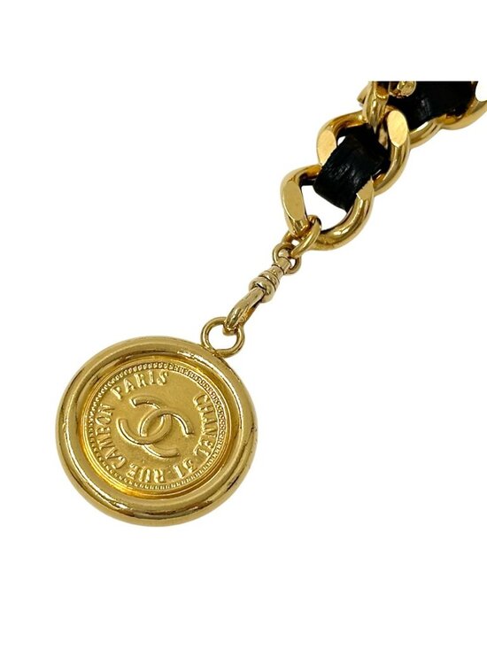 Chanel Belt Cambon Leather Chain Gold Black Logo Plate CC Thick main image 6